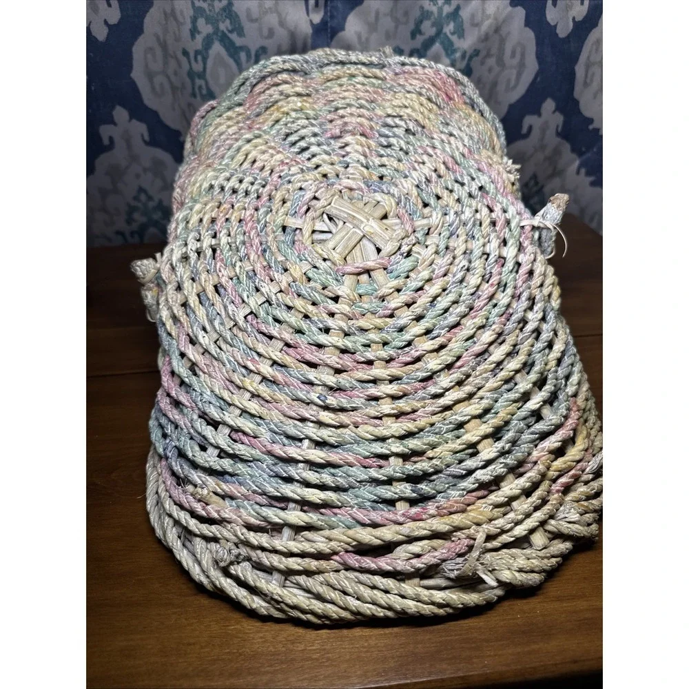 Vintage Rope Gathering Basket‎ Large Distressed Branch Handle Pastel Colors